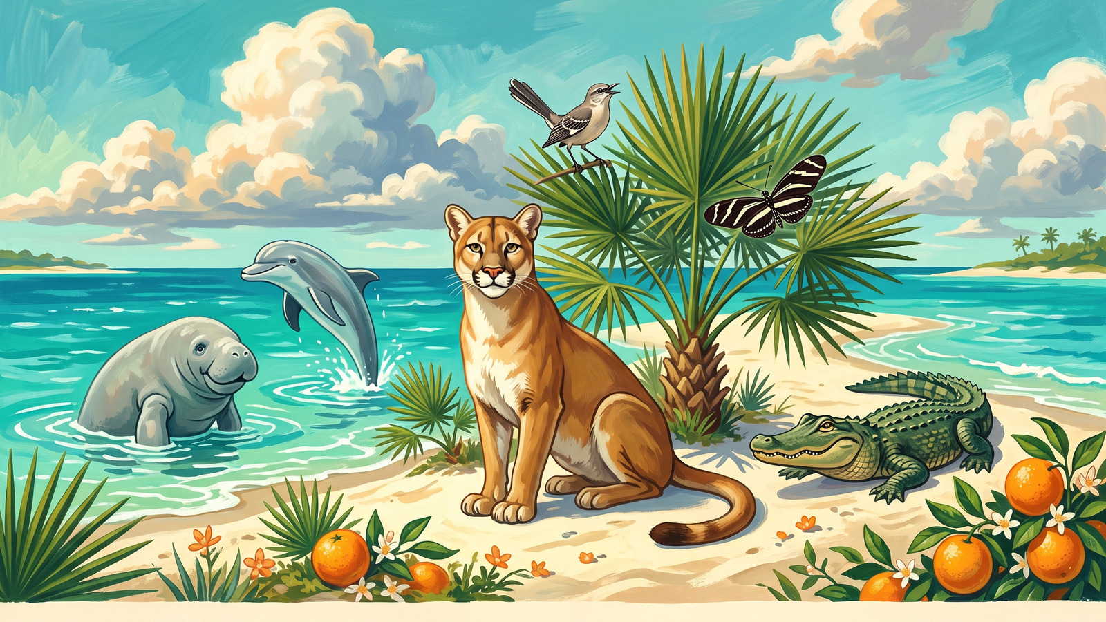 Vintage poster style illustration of Florida state symbols: panther, manatee, dolphin, mockingbird and zebra longwing together on a sunny sandbar