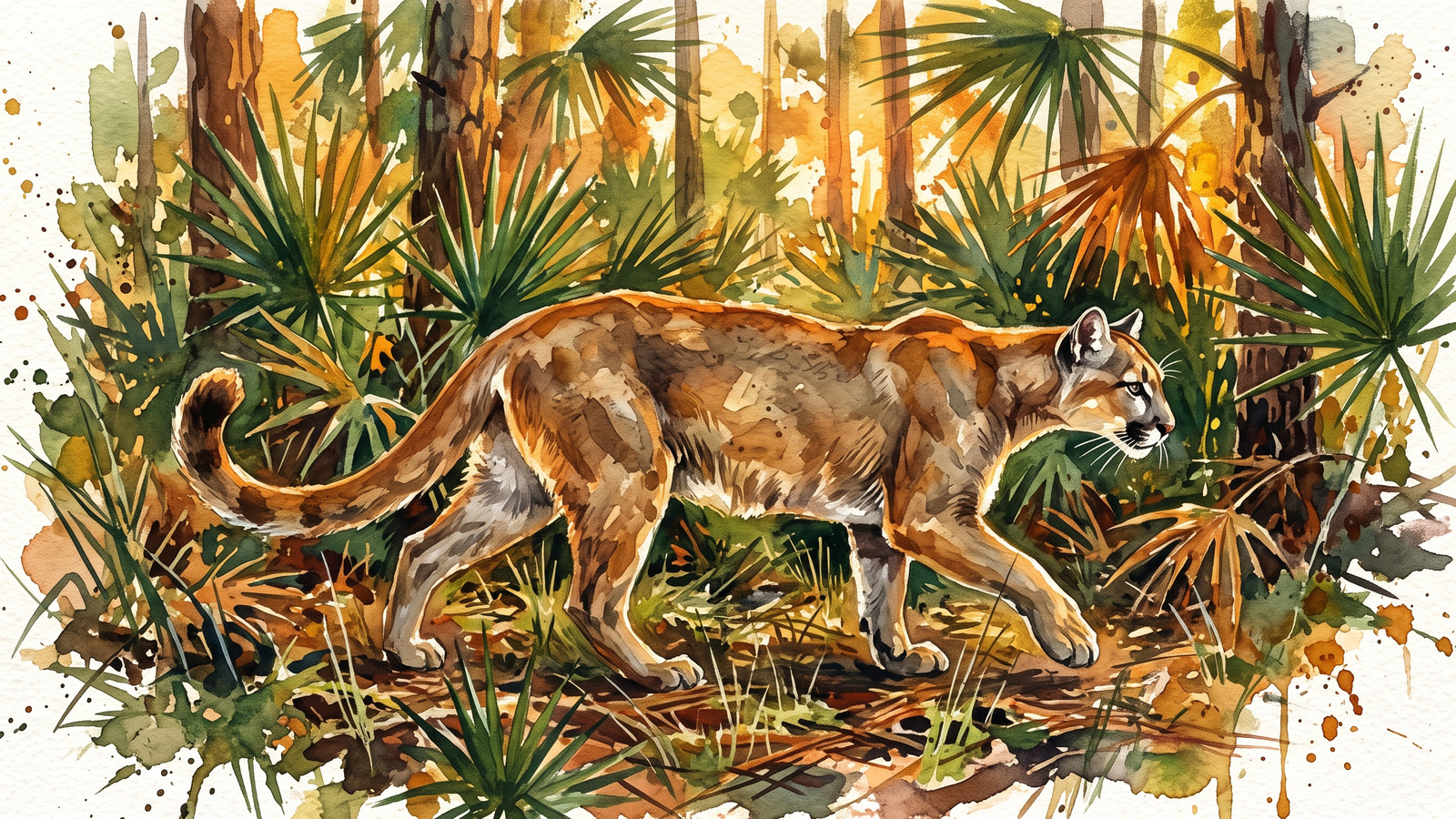 Watercolor illustration of a Florida panther walking through saw palmetto at golden hour