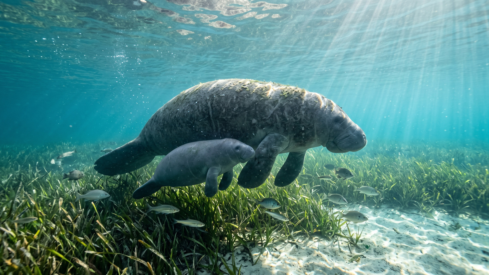 Underwater photo of a Florida manatee mother and calf swimming over seagrass in clear spring water