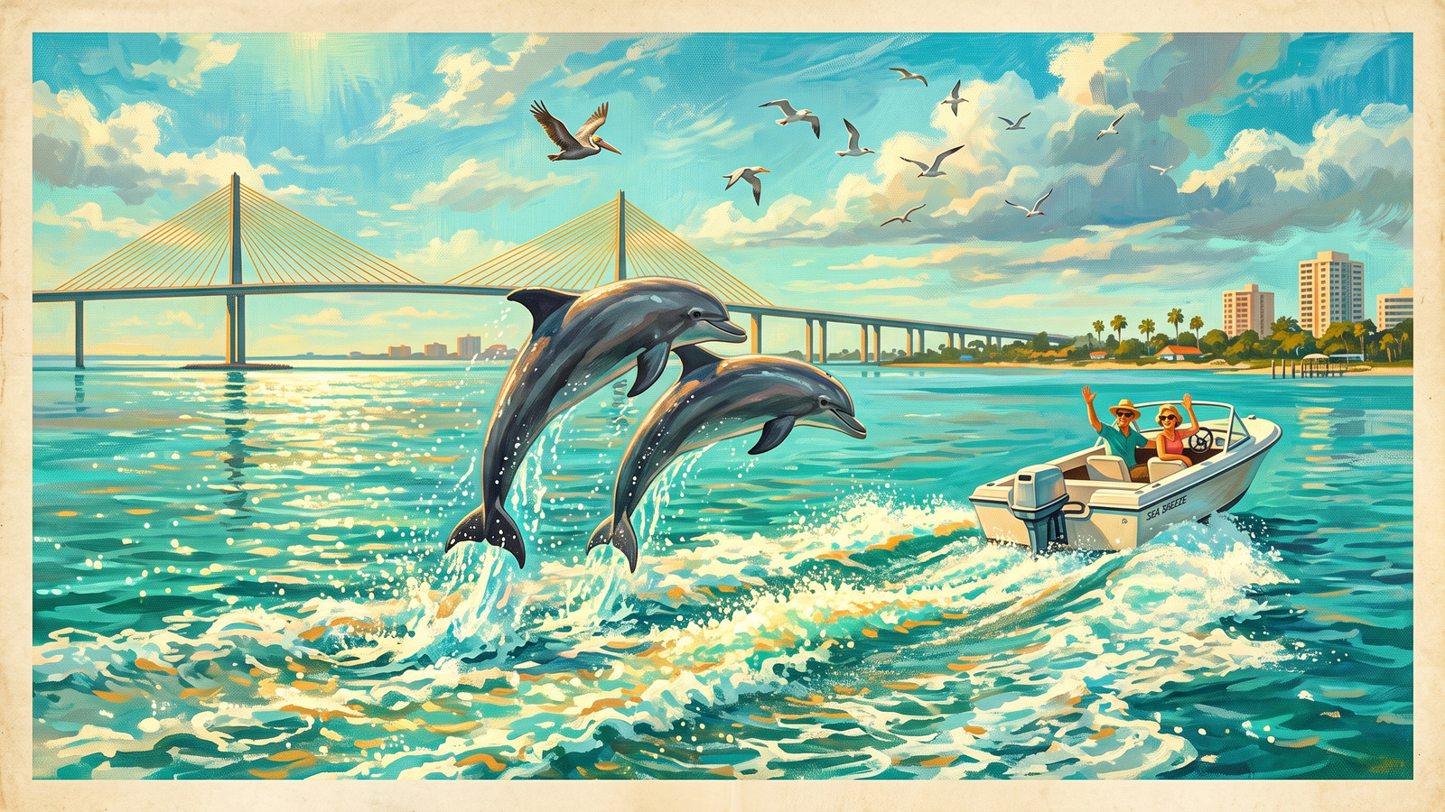 Vintage poster painting of dolphins leaping in a boat wake on Tampa Bay with the Sunshine Skyway bridge behind