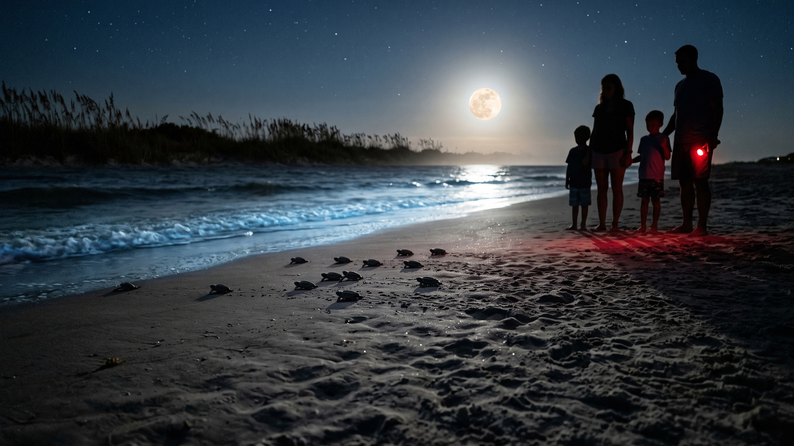 Sea turtle hatchlings crossing moonlit sand toward the gulf while a family watches from a distance with a red flashlight
