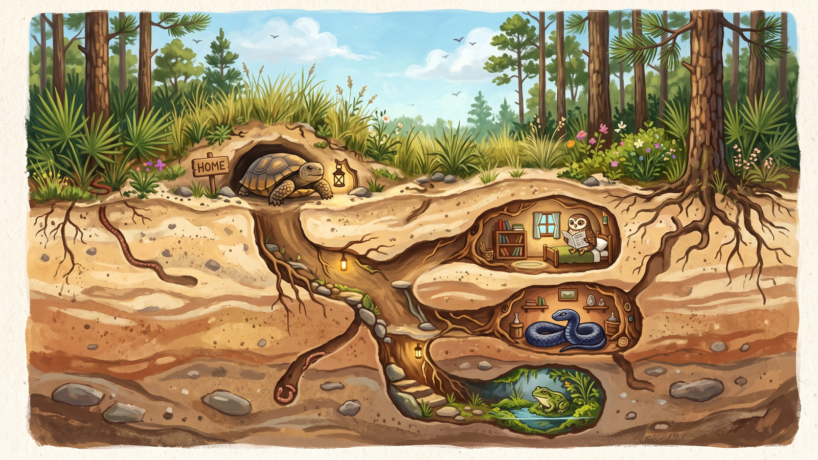 Storybook cutaway painting of a gopher tortoise burrow underground with owl, snake and frog neighbors in their own chambers