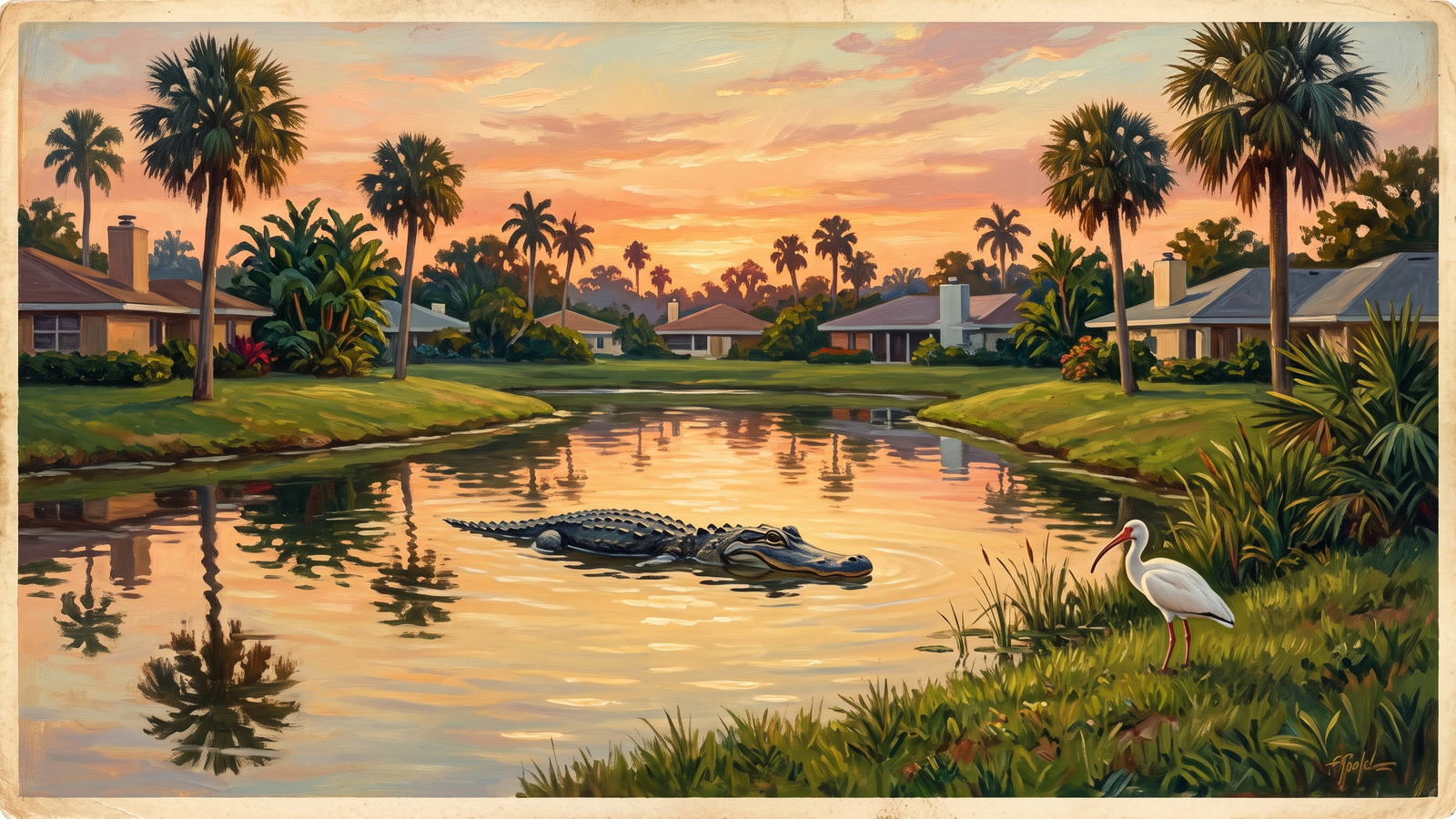 Vintage style painting of an alligator floating in a suburban Florida retention pond at sunset with a white ibis on the bank