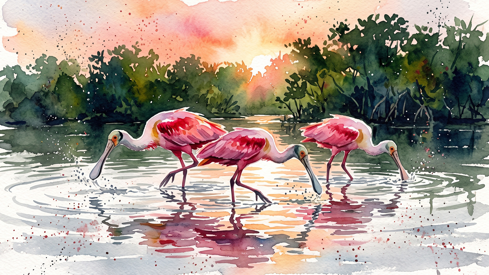 Watercolor illustration of pink roseate spoonbills sweeping their spoon shaped bills through a mangrove flat at sunrise