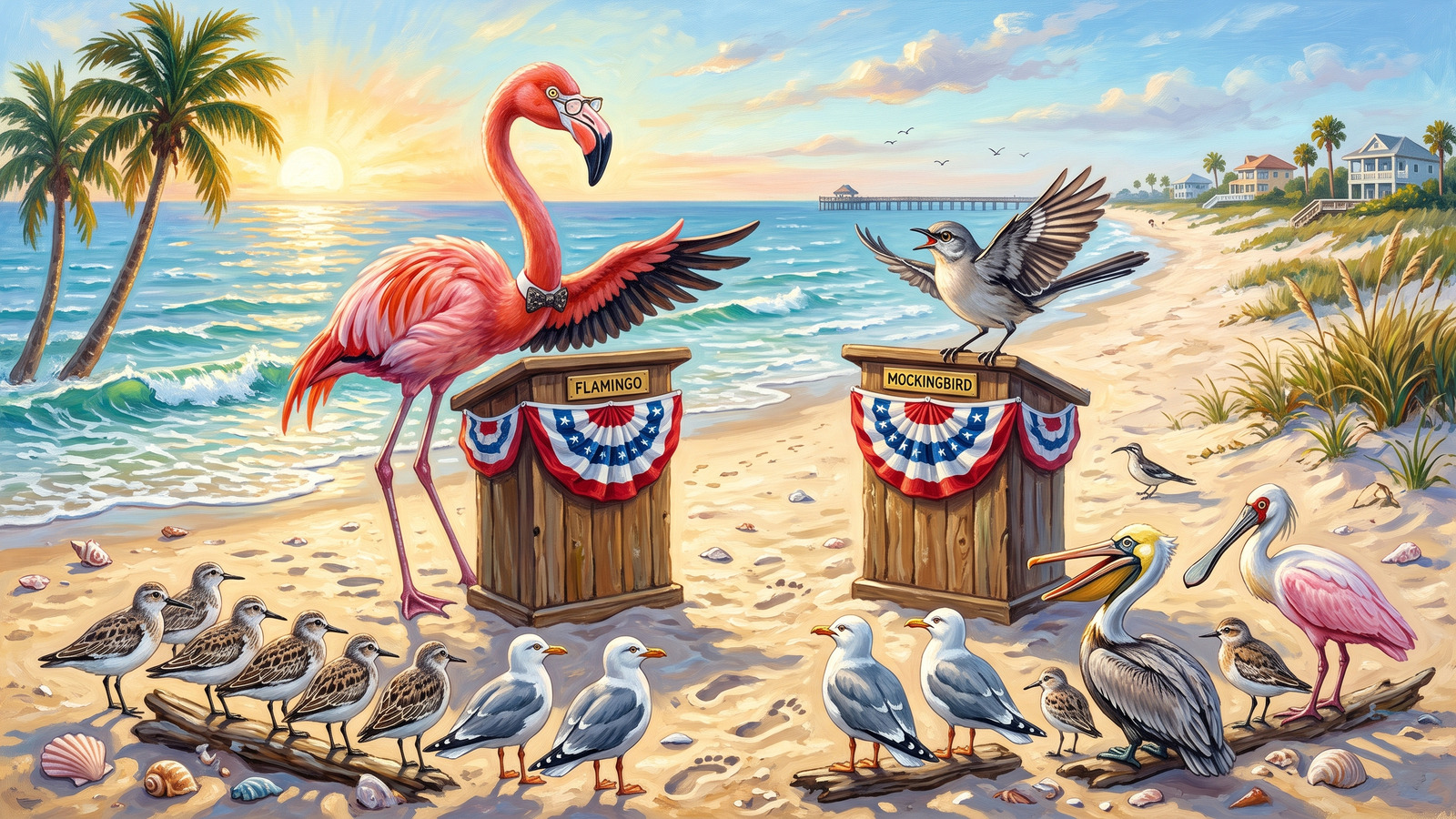 Painting of a flamingo and a mockingbird at debate podiums on a Florida beach with shorebirds watching