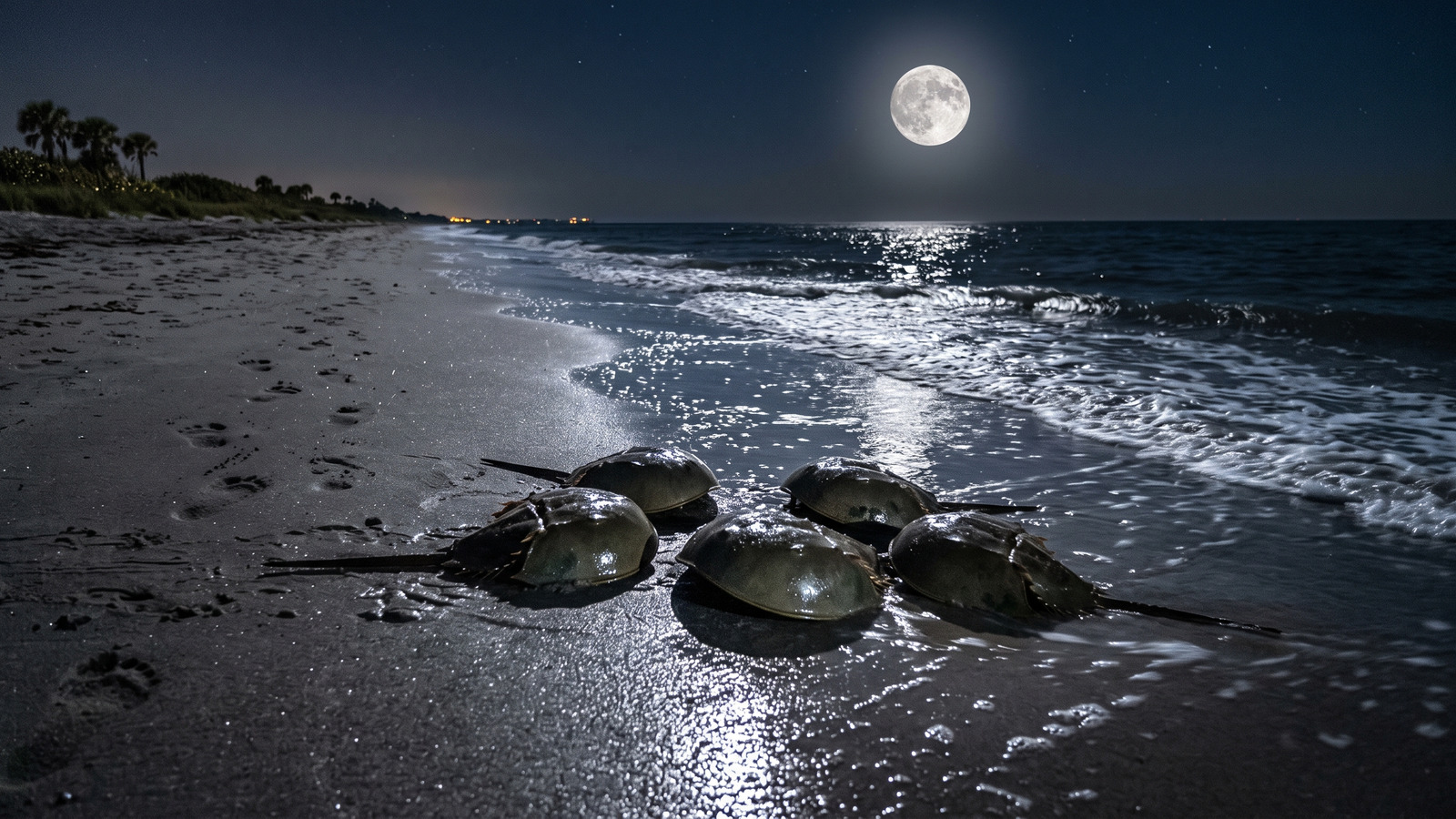 Horseshoe crabs gathered at the moonlit waterline of a Florida beach at high tide
