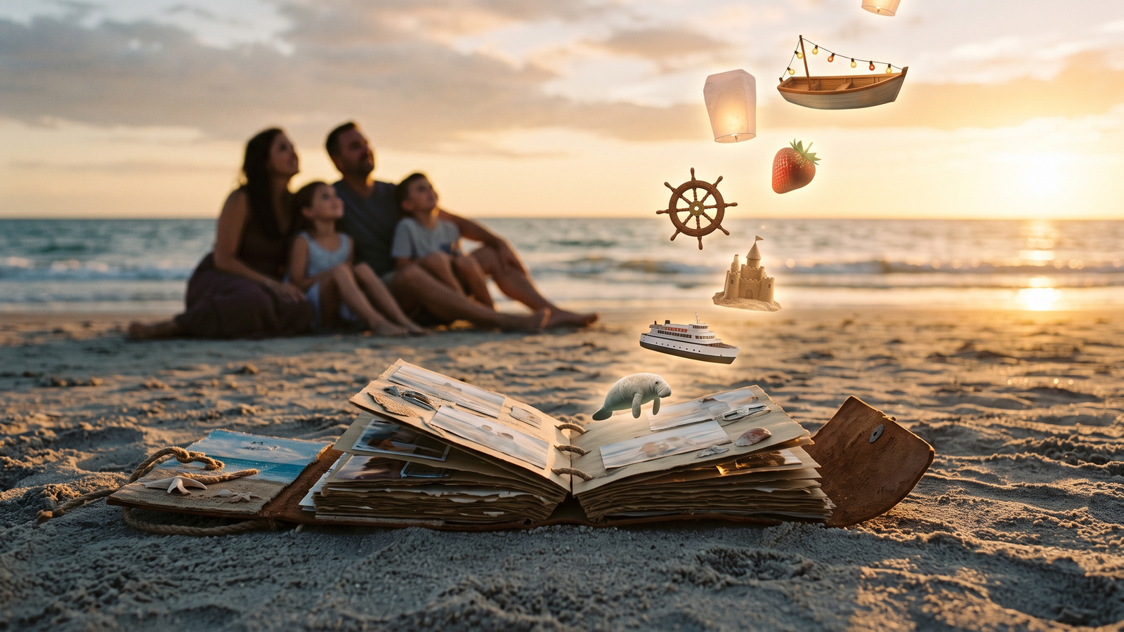 Photo style image of a family memory book open on golden hour sand as tiny glowing scenes from their year float up like lanterns