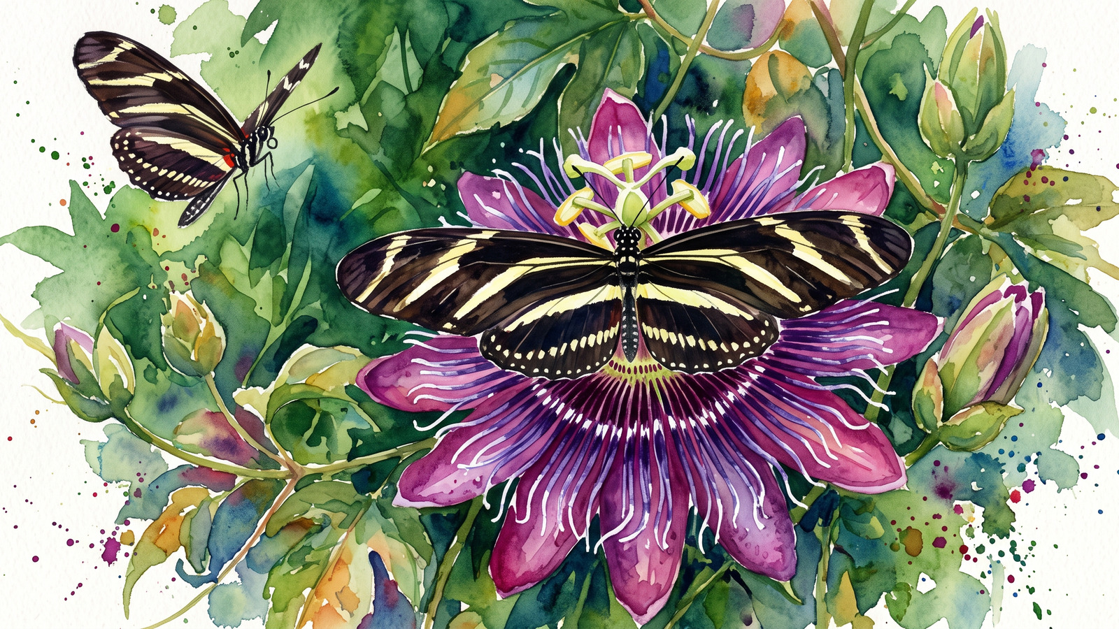 Watercolor illustration of a zebra longwing butterfly with striped wings resting on a purple passionflower