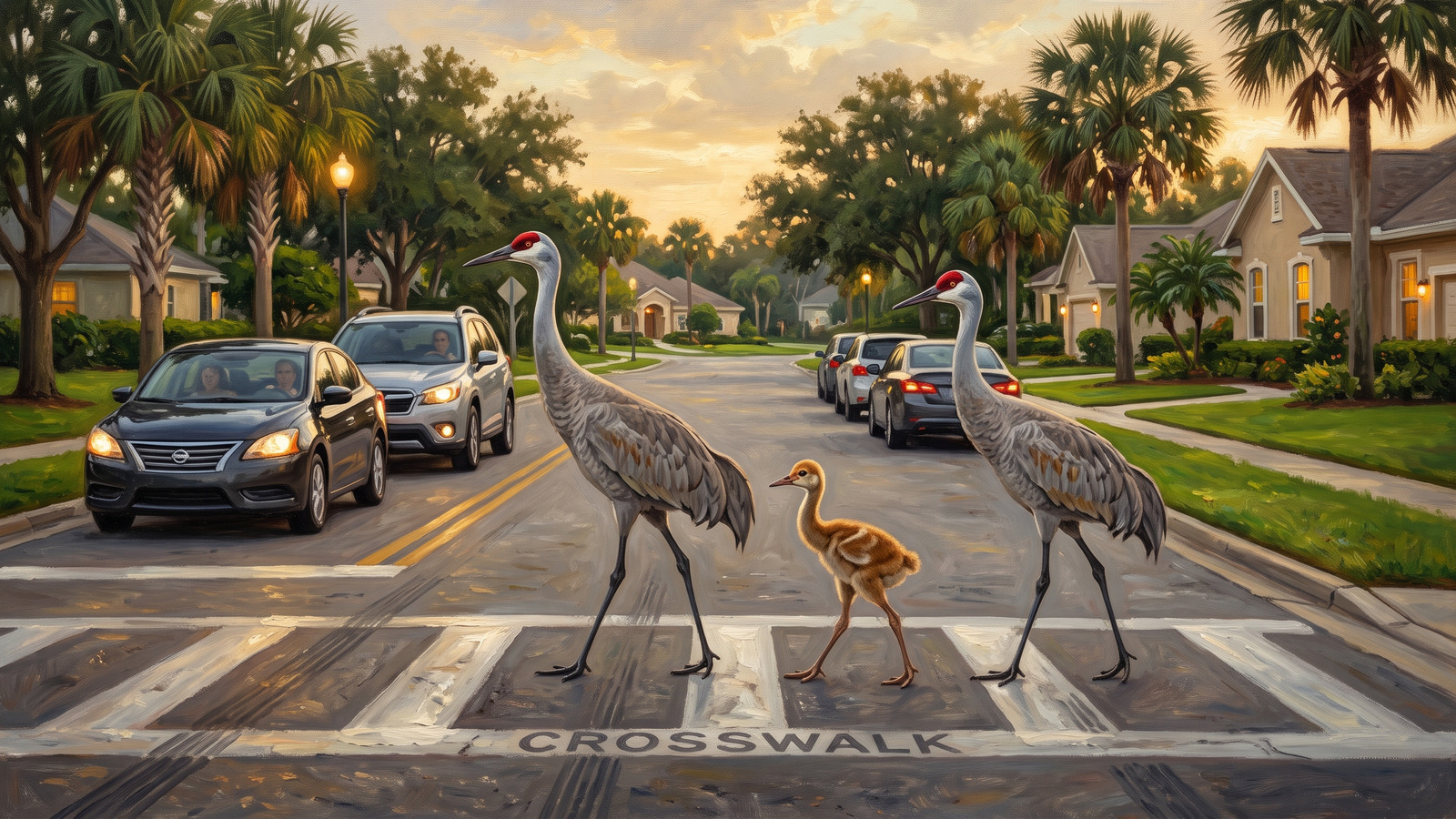 Painting of a sandhill crane family with a fuzzy colt crossing a suburban Florida street while cars wait