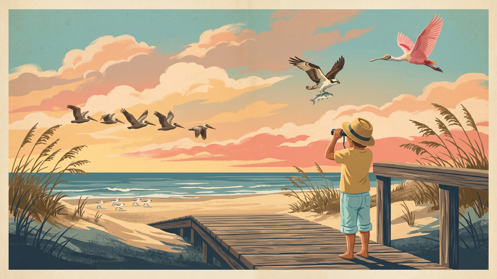Vintage poster illustration of a child with binoculars on a dune boardwalk watching pelicans, an osprey and a spoonbill fill the golden sky
