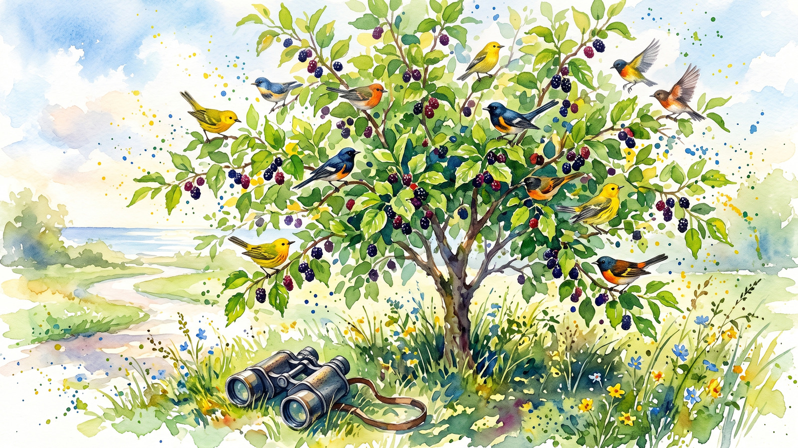Watercolor illustration of a mulberry tree full of small colorful migrating warblers on a spring morning