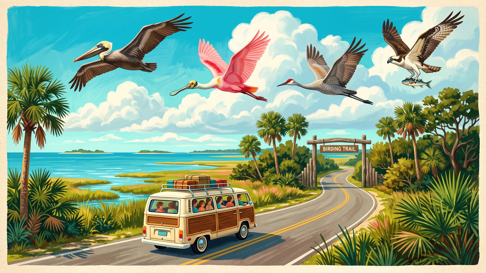 Vintage road trip poster of a family van approaching a birding trail gateway under a sky of oversized Florida birds