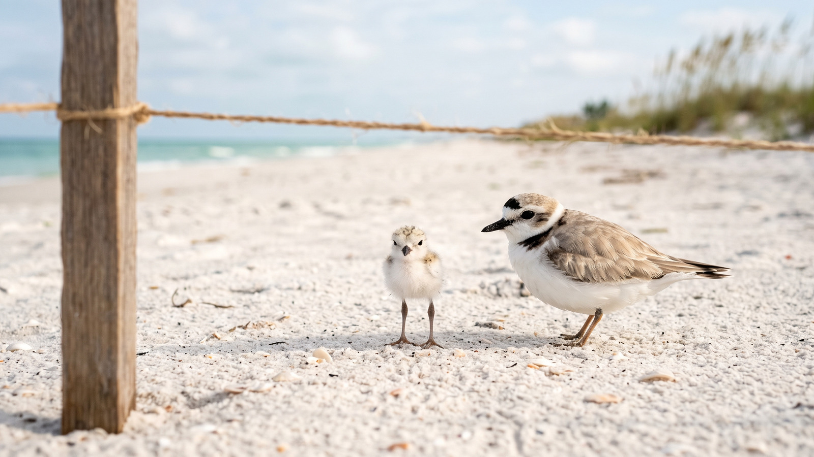 Photo of a tiny snowy plover chick and parent on beach sand seen from outside a posted nesting area string fence