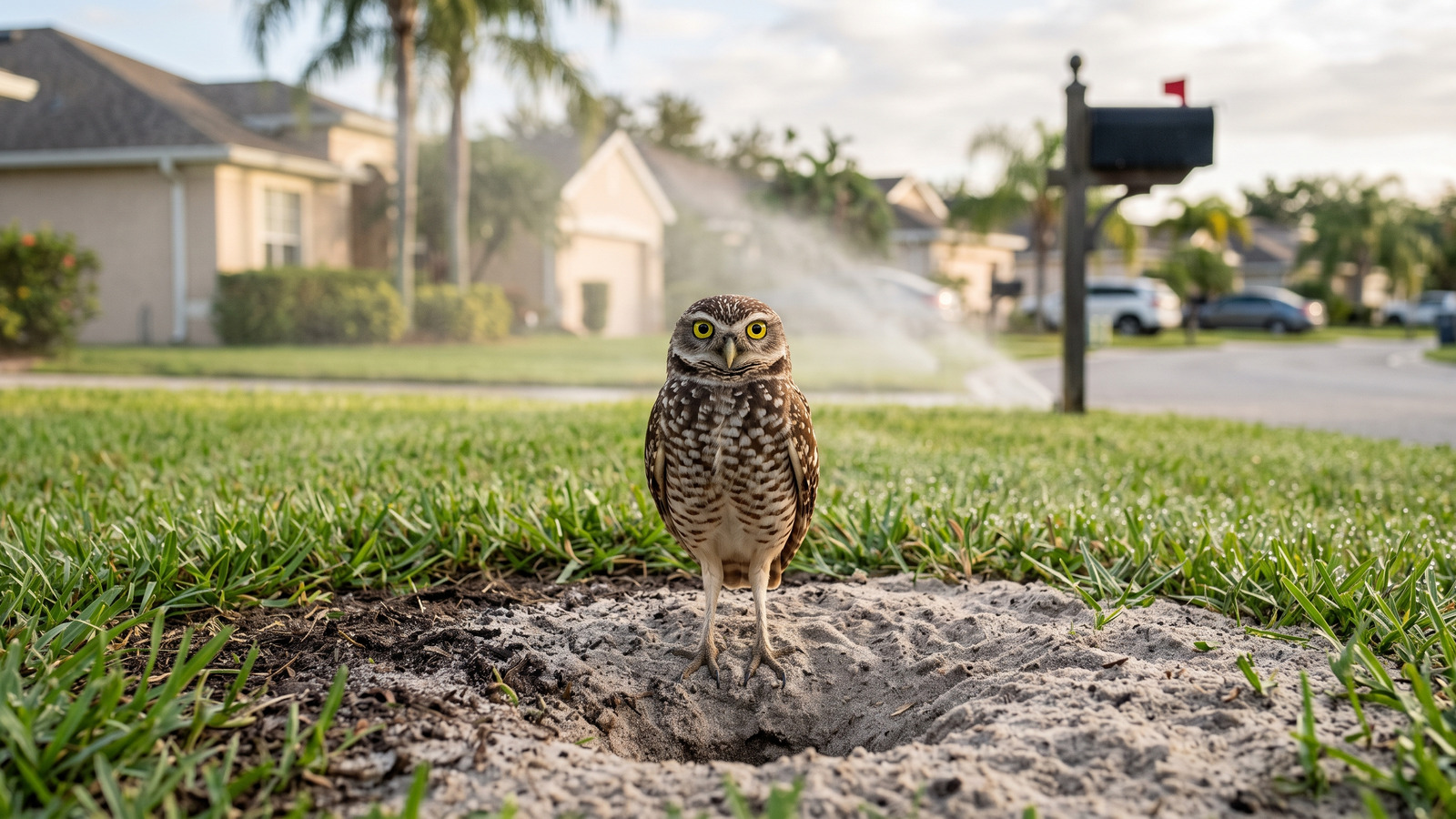 Photo style image of a small burrowing owl standing at its burrow entrance on a suburban Florida lawn