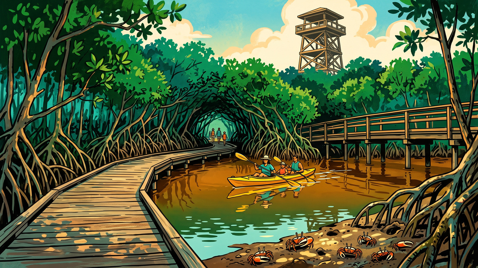 Vintage poster illustration of a boardwalk and kayak entering a green mangrove tunnel with an observation tower behind