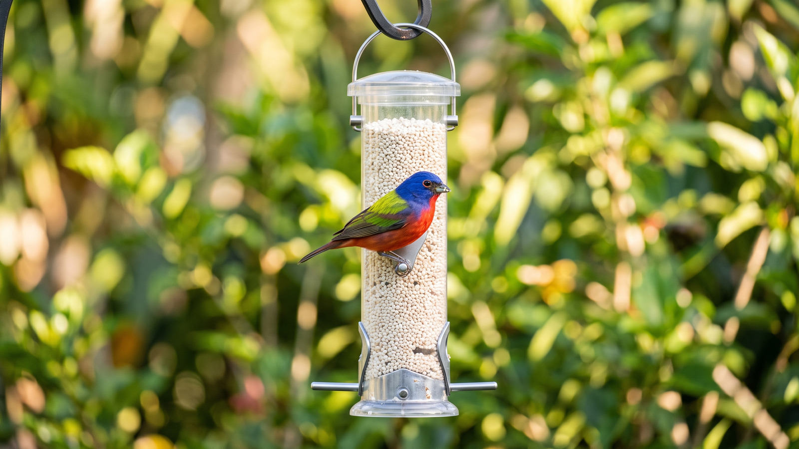 Photo of a colorful male painted bunting with blue head and red chest perched on a backyard tube feeder