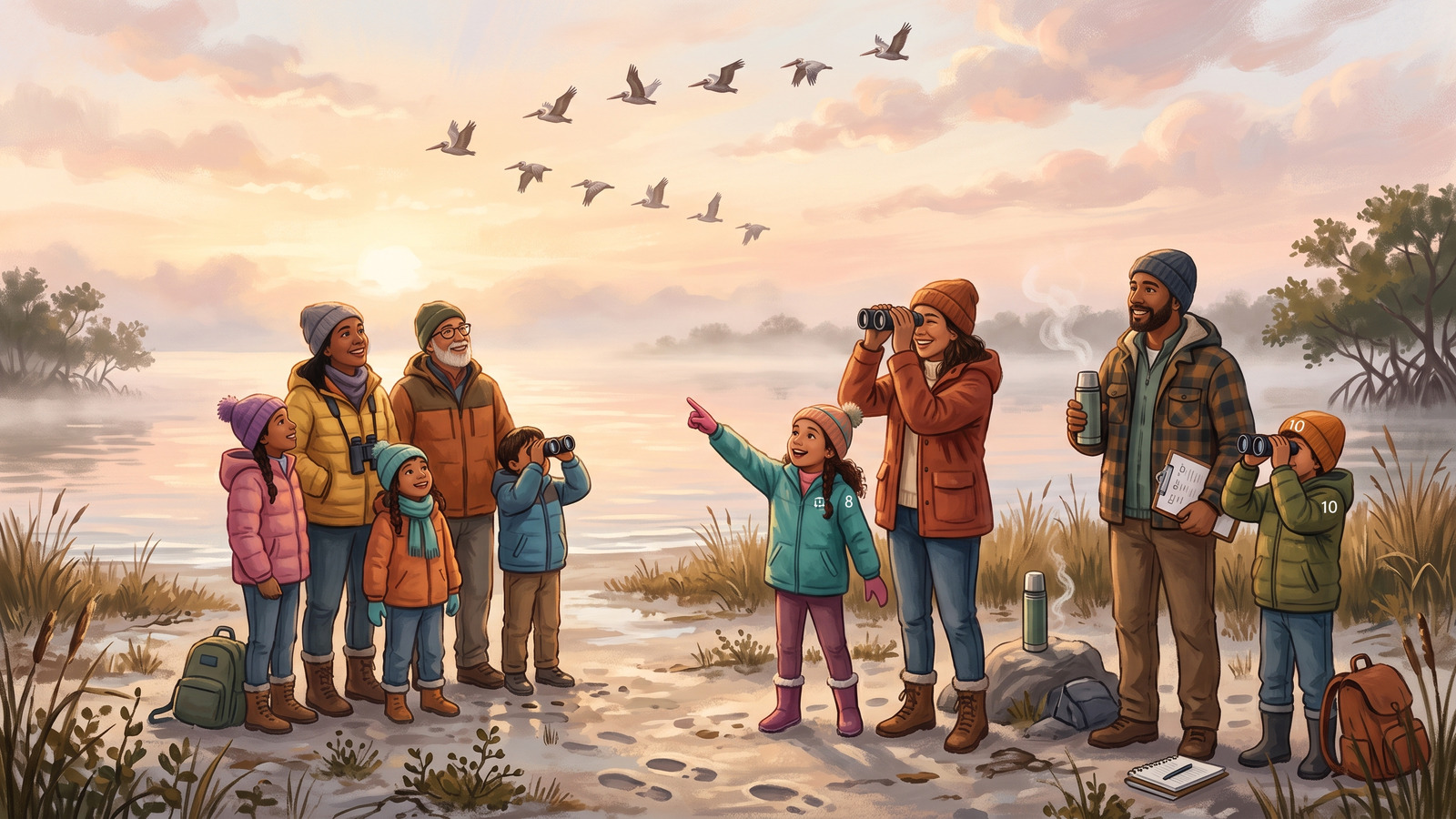 Painting of families with binoculars and clipboards counting birds on a misty Florida shoreline at dawn