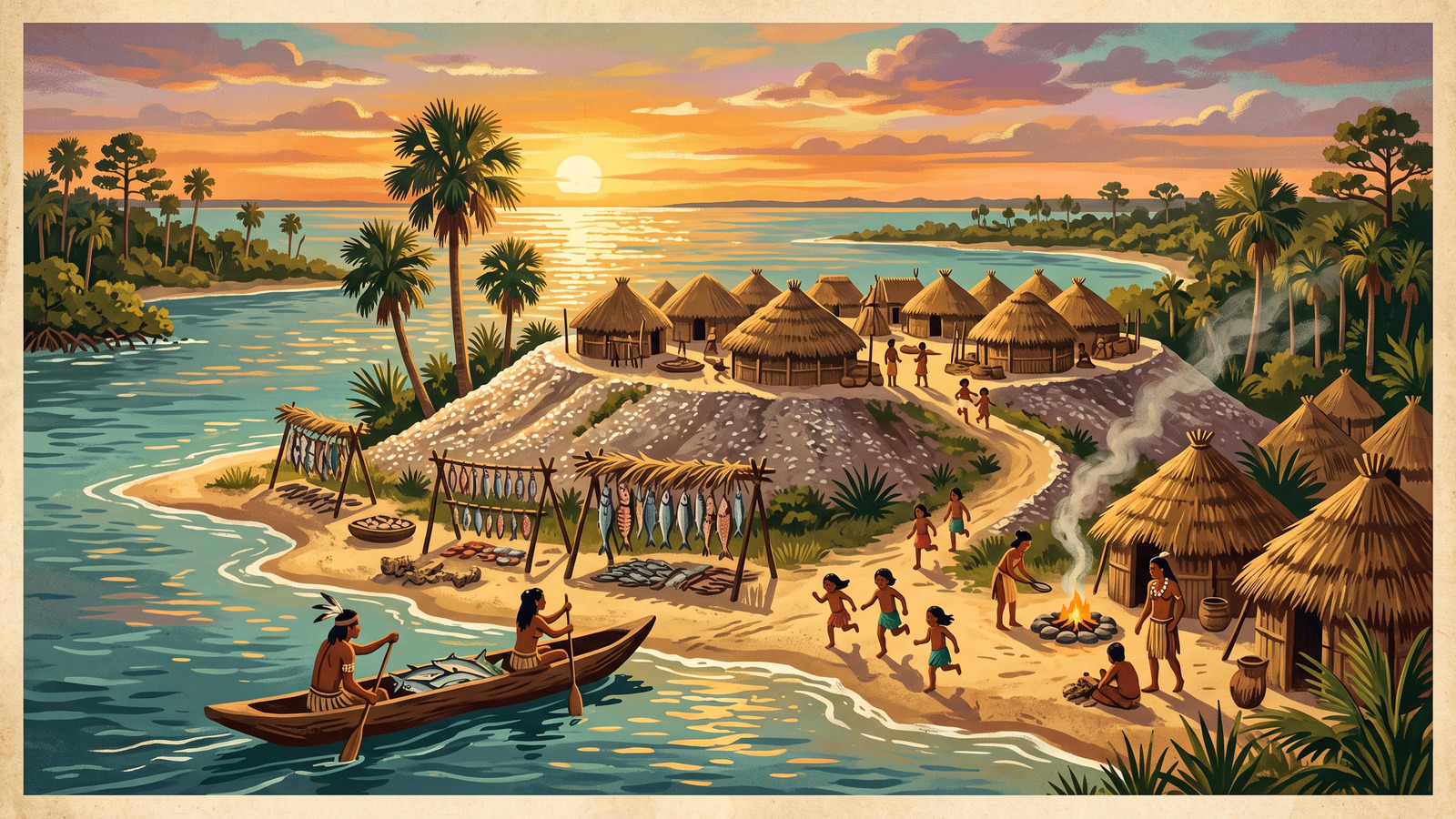Vintage poster illustration of a Tocobaga shell mound village on Tampa Bay at sunset with a dugout canoe arriving