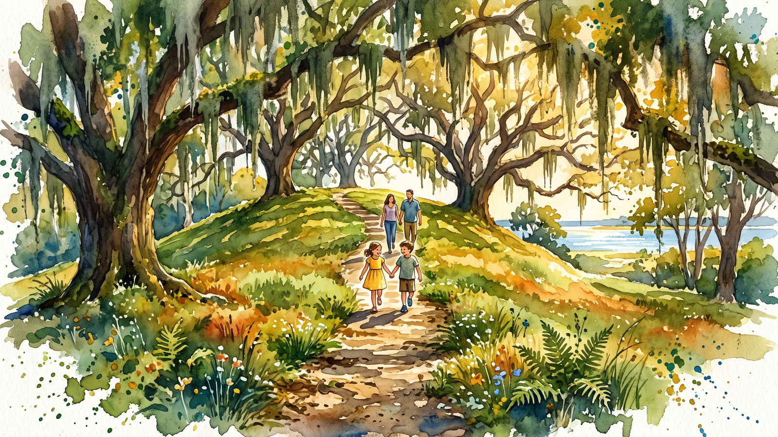 Watercolor of children climbing the oak shaded path up the ancient Tocobaga mound at Philippe Park