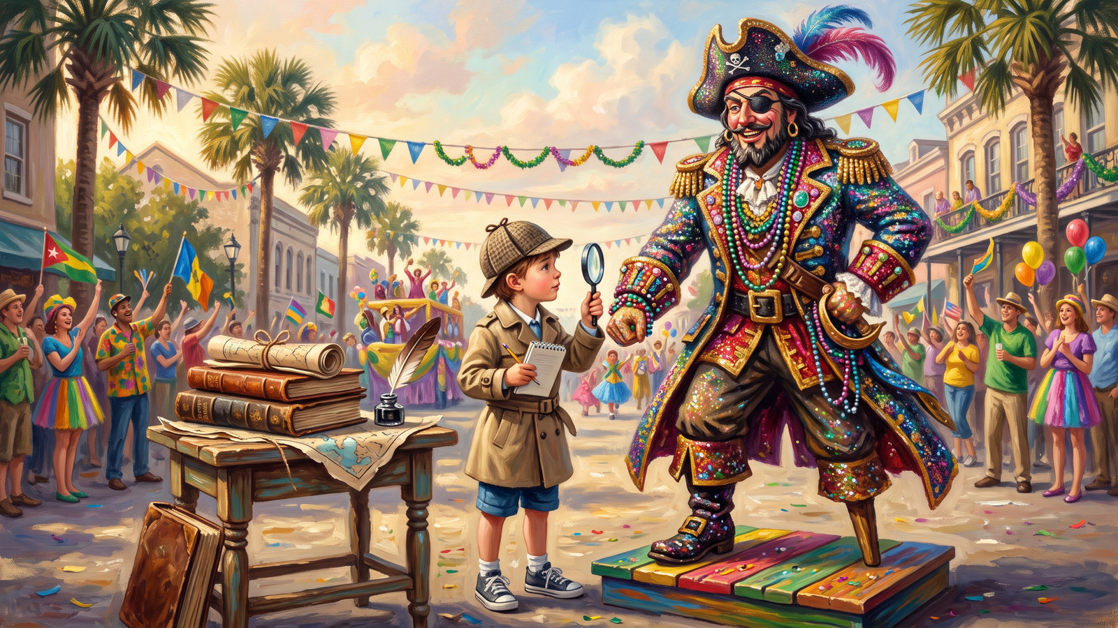 Painting of a child detective examining a glittery parade pirate statue next to a stack of old documents