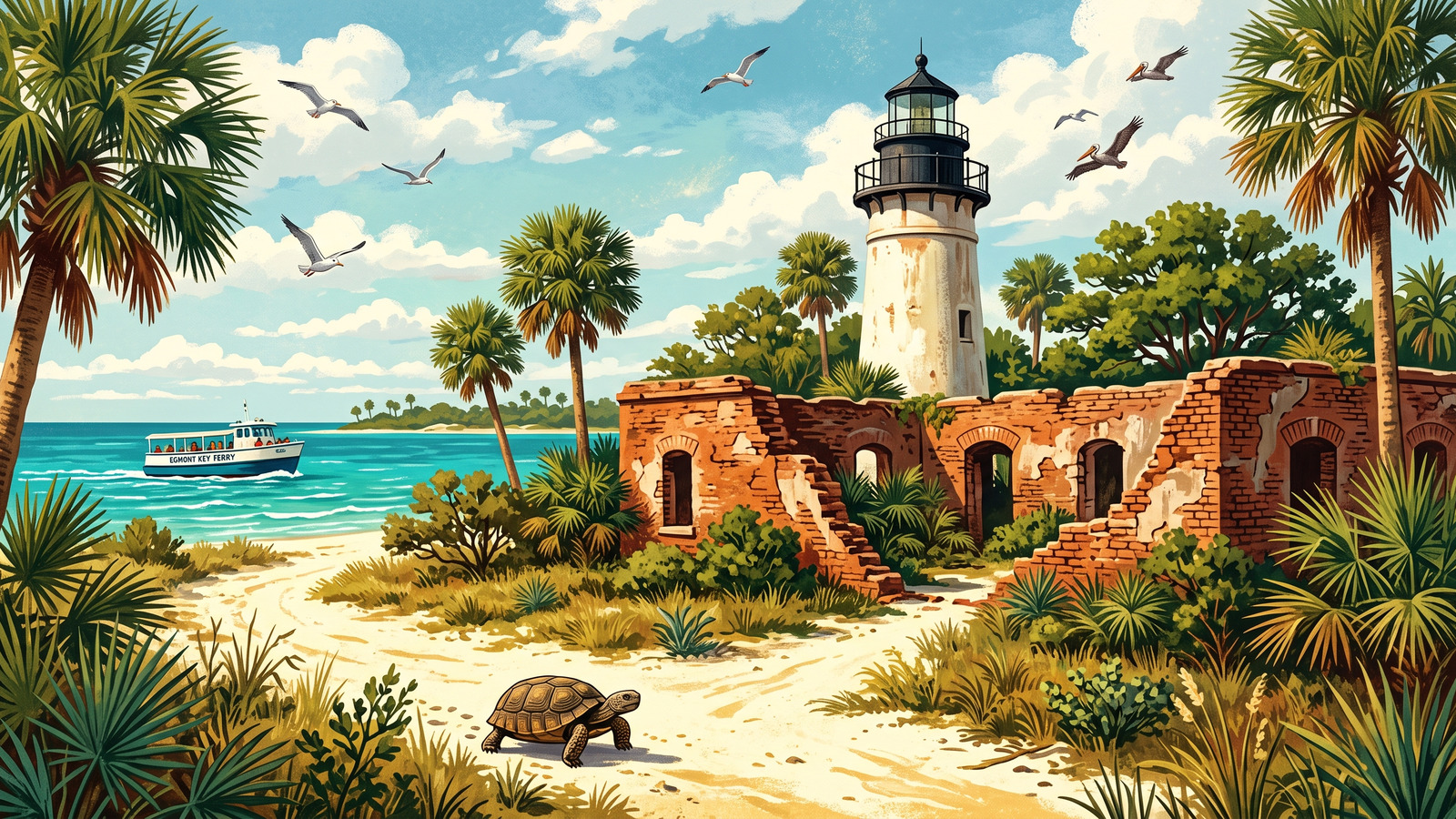 Vintage poster of Egmont Key with its white lighthouse, brick fort ruins and a gopher tortoise crossing the sandy path