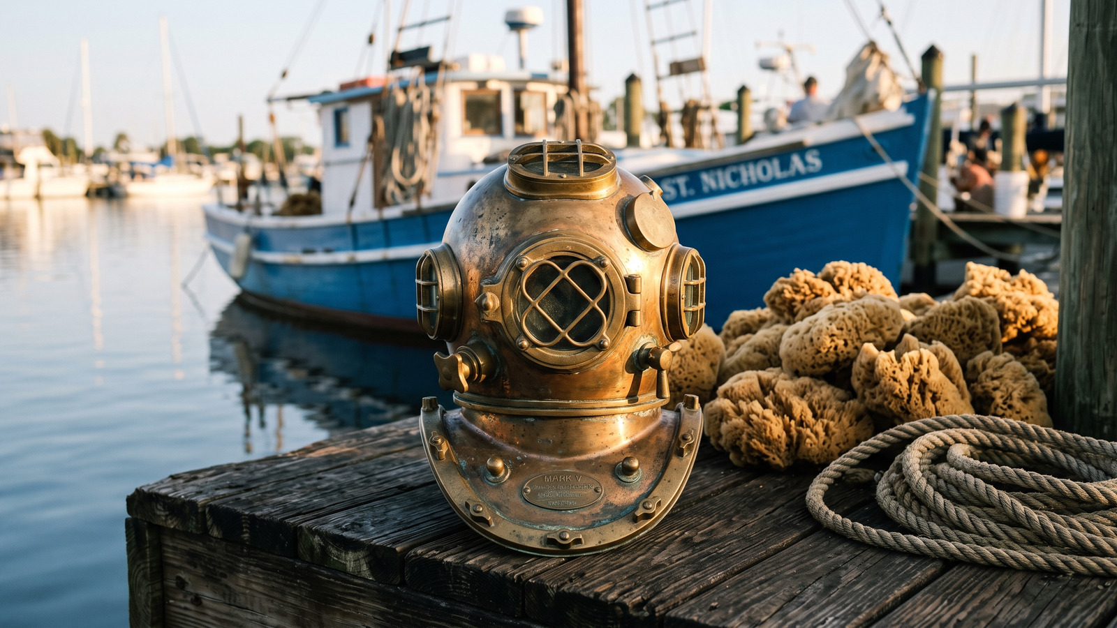 Photo style image of a vintage brass sponge diving helmet on the Tarpon Springs docks with natural sponges and a boat behind