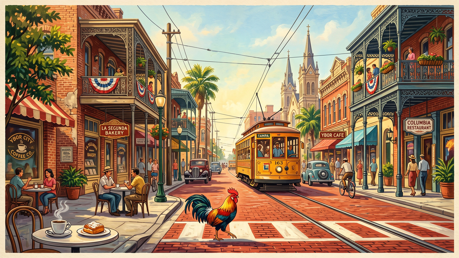 Vintage poster of Ybor City with a yellow streetcar on brick streets, iron balconies and a rooster crossing in front