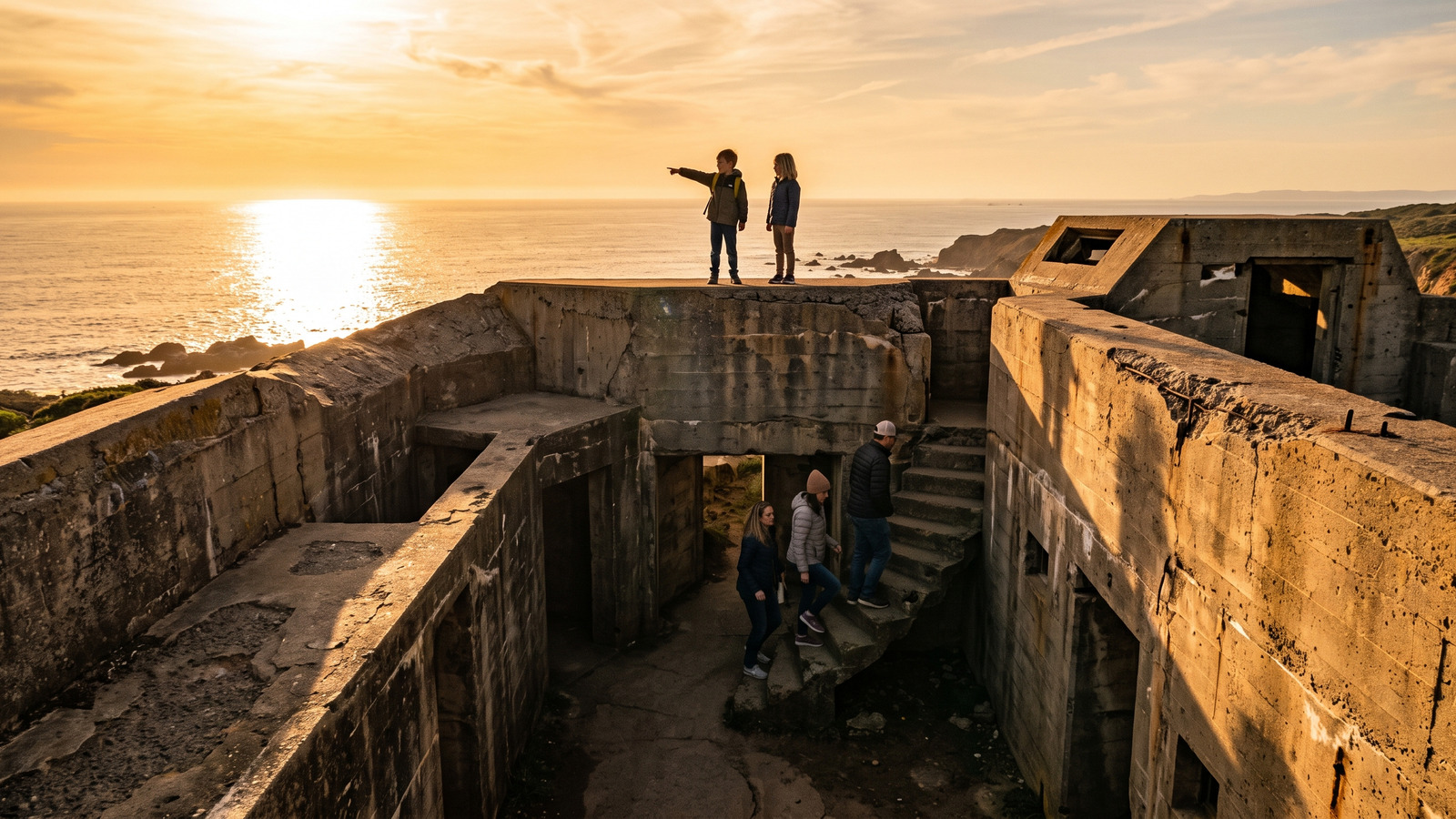 Photo of kids exploring the concrete ramparts of the historic Fort De Soto gun battery at golden hour