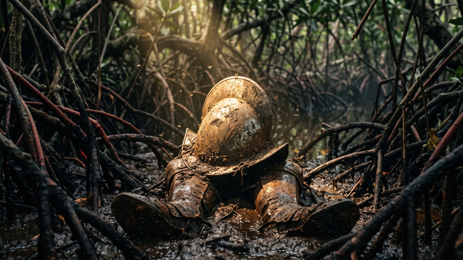 Photo style image of a Spanish conquistador helmet and armor sinking into mangrove mud in dense Florida wilderness