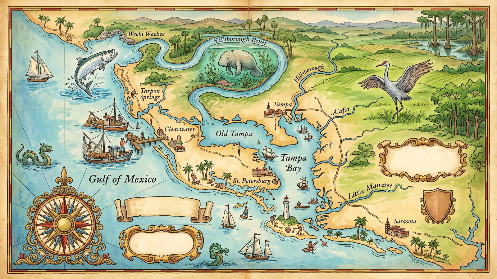 Illustrated vintage style map of Tampa Bay decorated with a manatee, tarpon, sponge boats and a crane with blank label scrolls