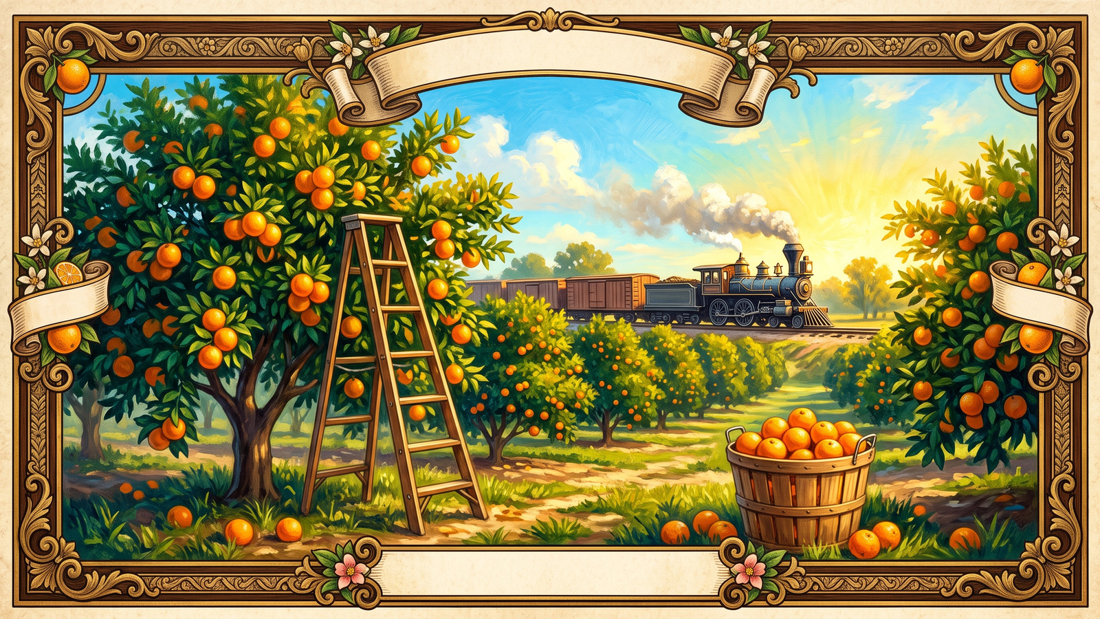Vintage crate label style painting of a glowing Florida orange grove with a ladder, bushel basket and steam train behind