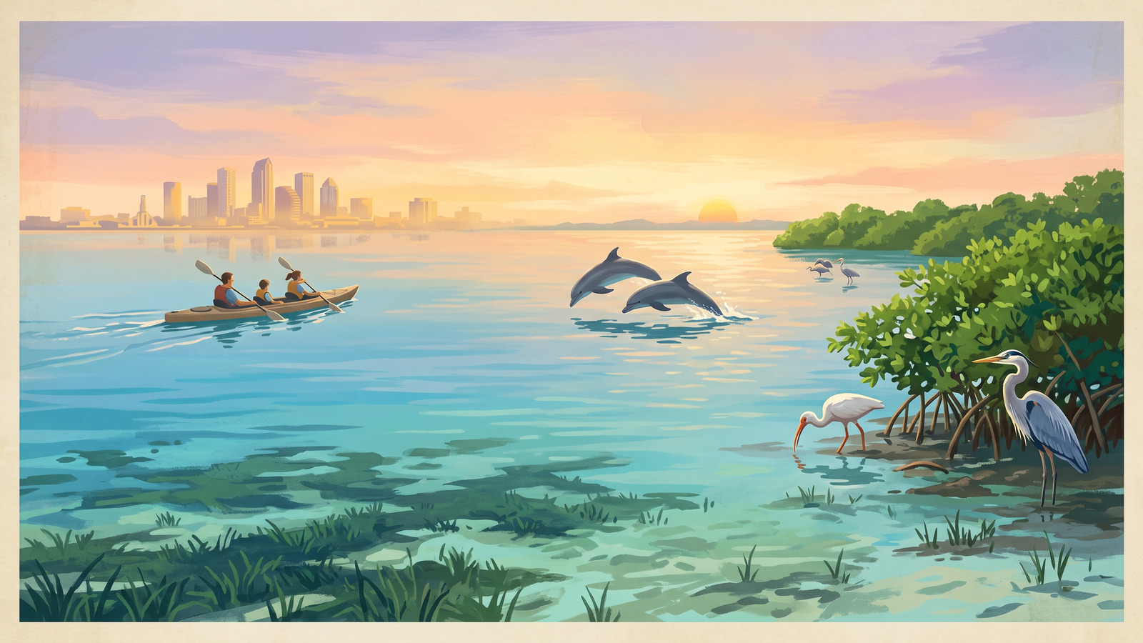 Vintage poster of a healthy Tampa Bay at dawn with seagrass shallows, dolphins, wading birds and a family kayak