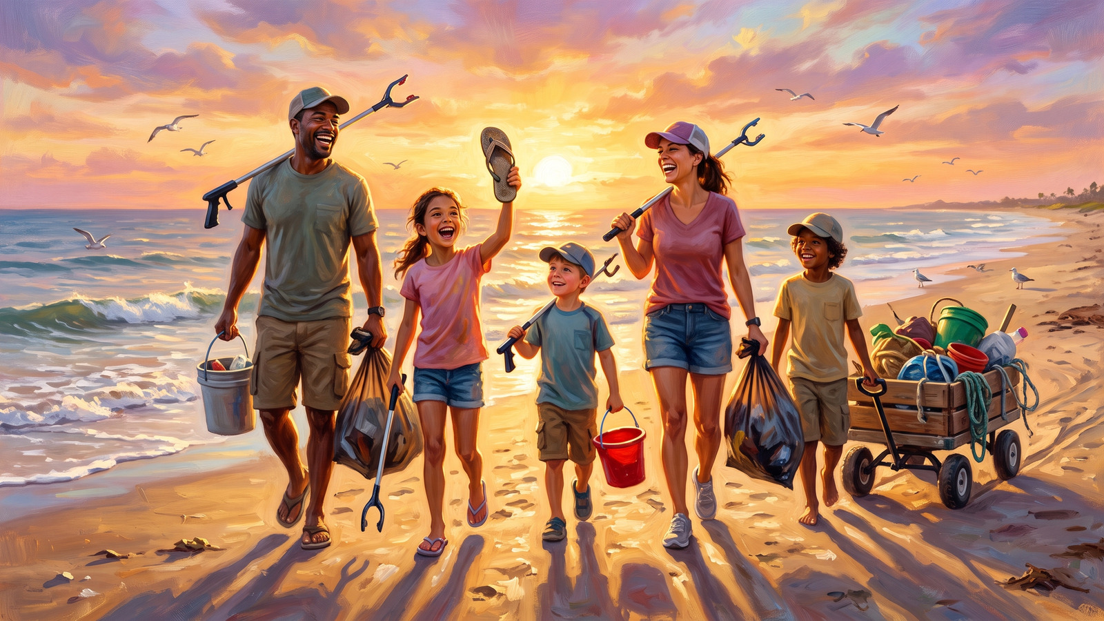 Painting of a family beach cleanup crew at sunrise with grabbers and buckets, one kid holding up a found flip flop like a trophy