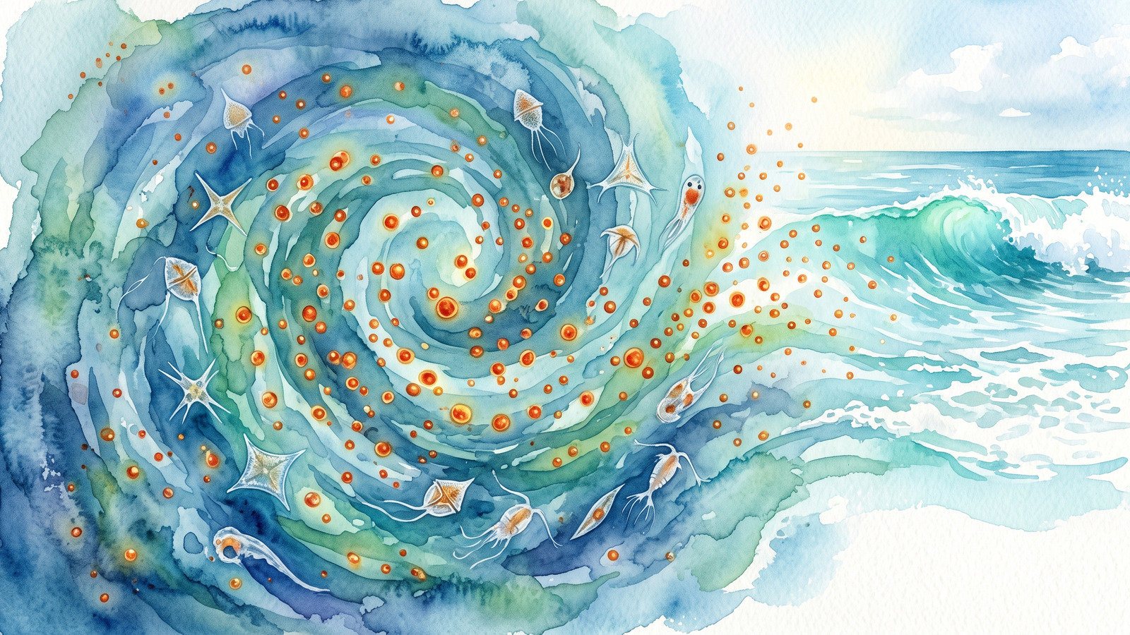 Watercolor illustration of microscopic red tide algae cells drifting like amber sparks through blue green seawater