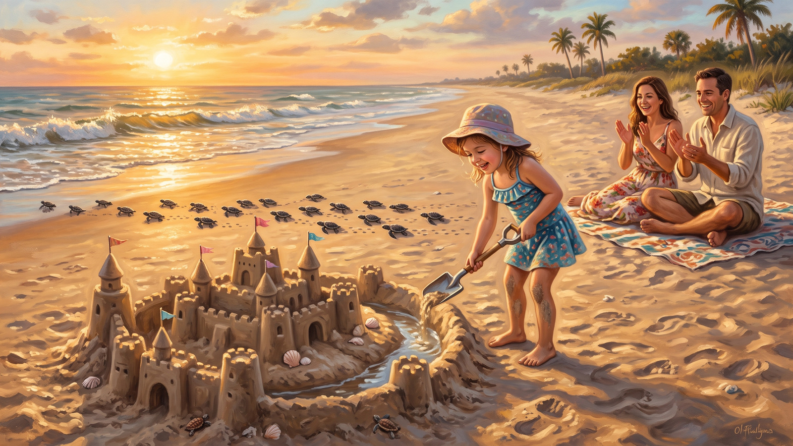 Painting of a child filling in sandcastle holes at sunset while tiny sea turtle hatchlings cross the smooth sand to the gulf