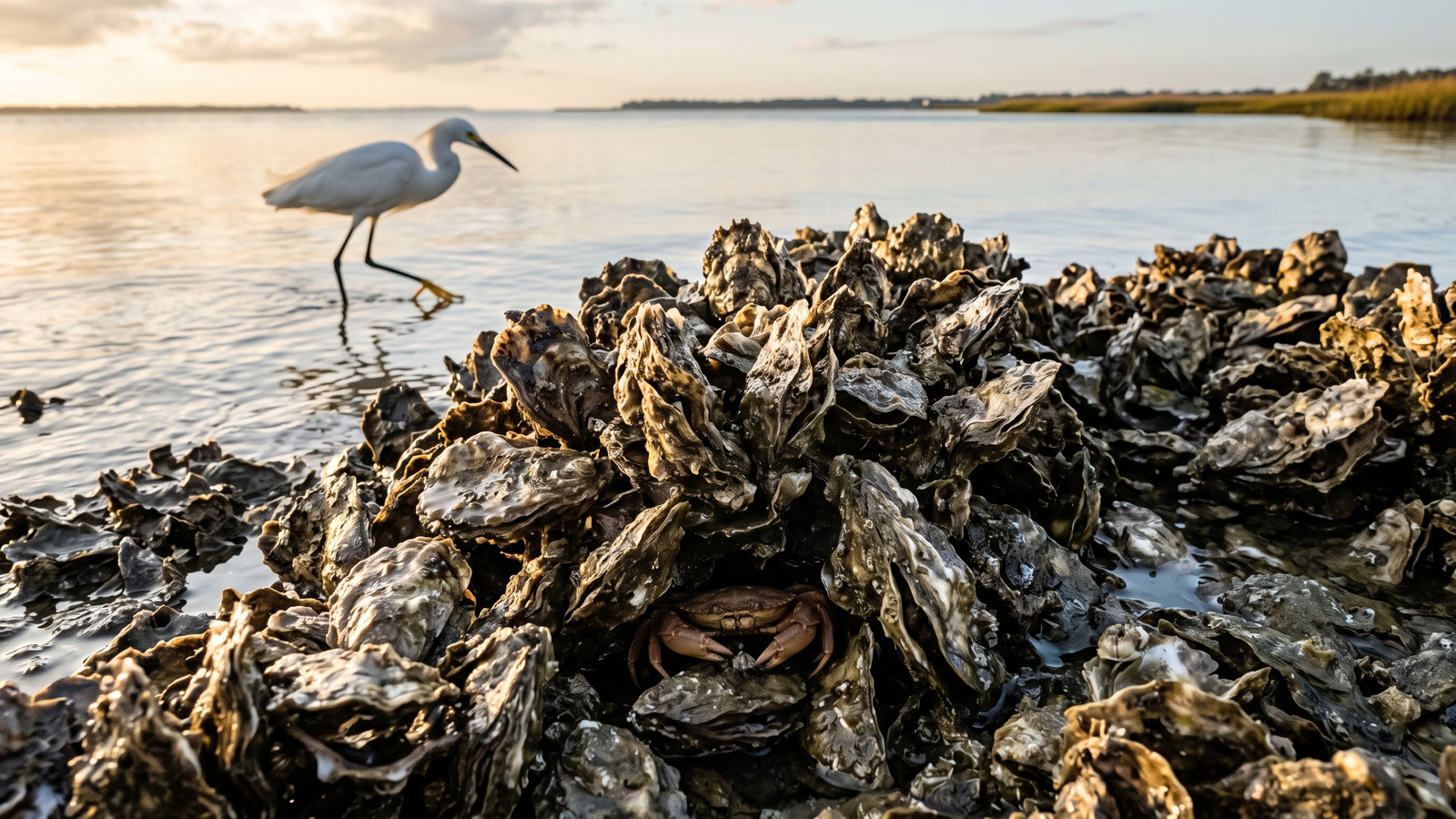 Photo of an exposed oyster reef at low tide with a tiny crab in the shells and a snowy egret hunting behind