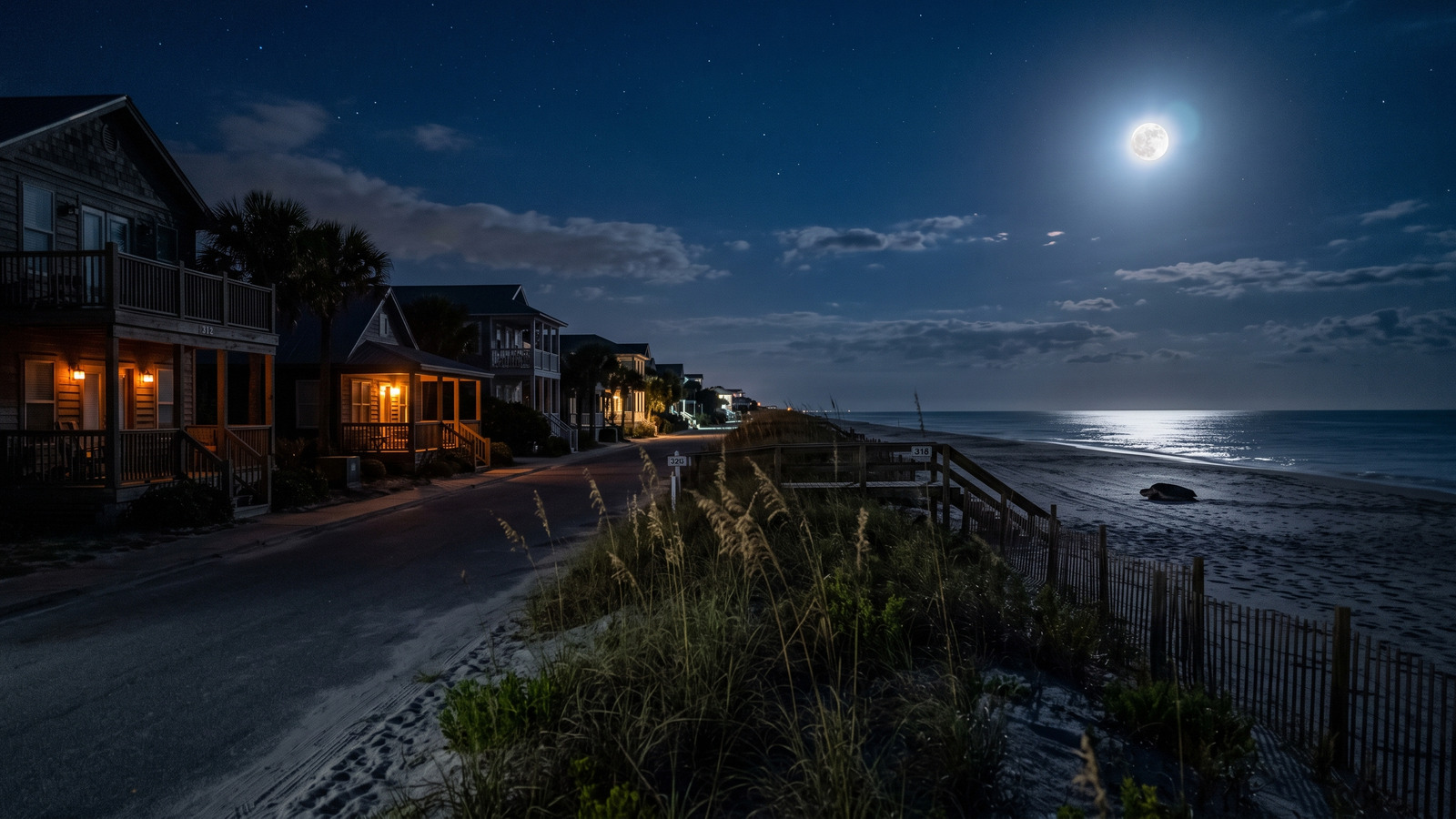Night photo style image of a dark beachfront street with amber turtle safe lights and a nesting sea turtle silhouette on the moonlit beach