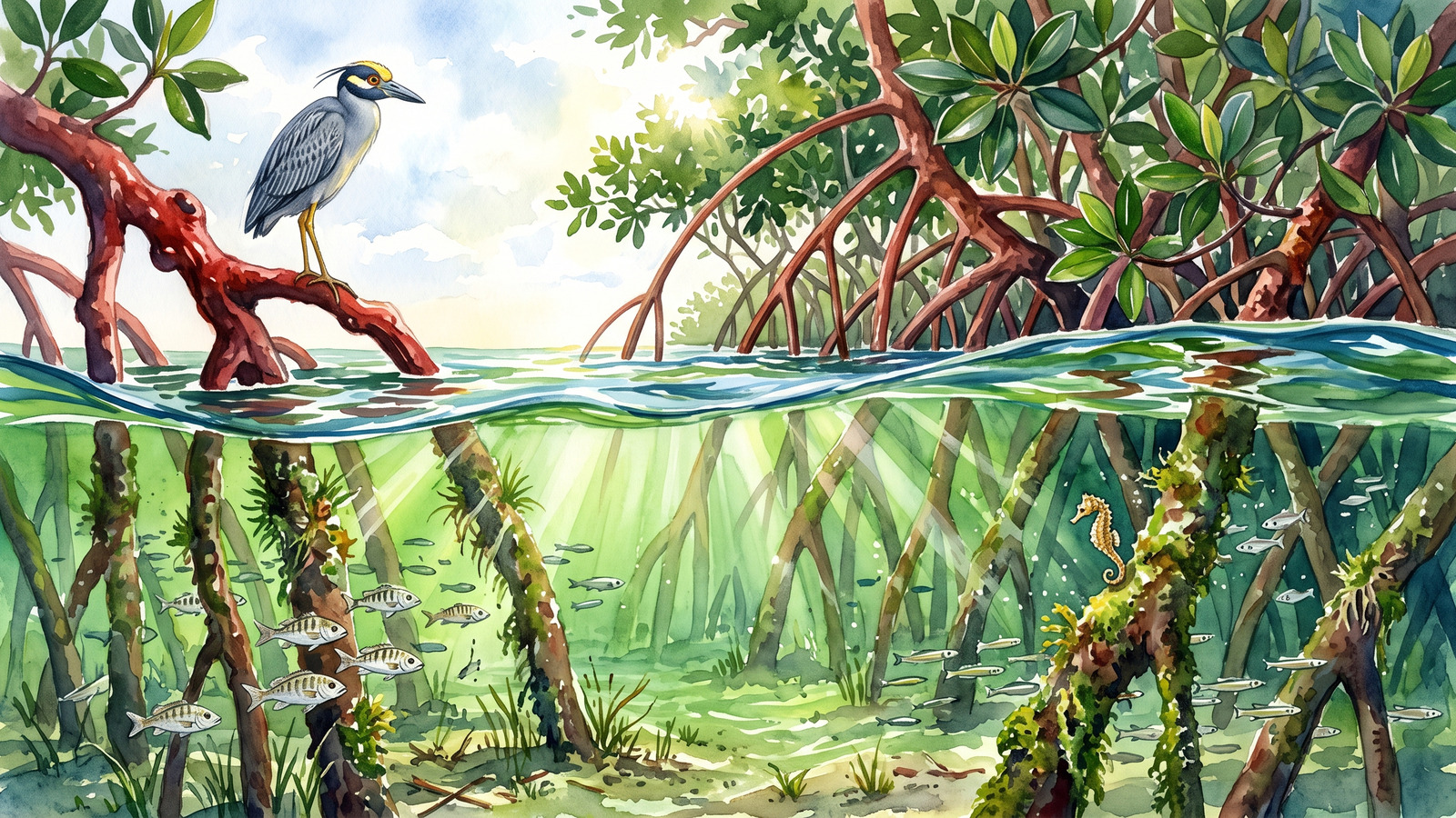 Split view watercolor of mangrove roots above and below water with baby fish sheltering in the underwater roots