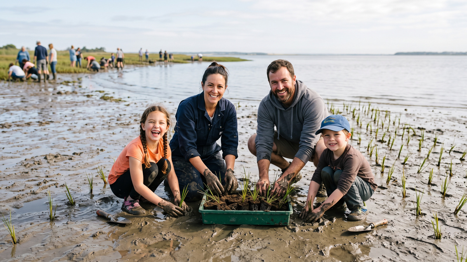 Photo of a family planting marsh grass plugs with muddy hands at a shoreline restoration event