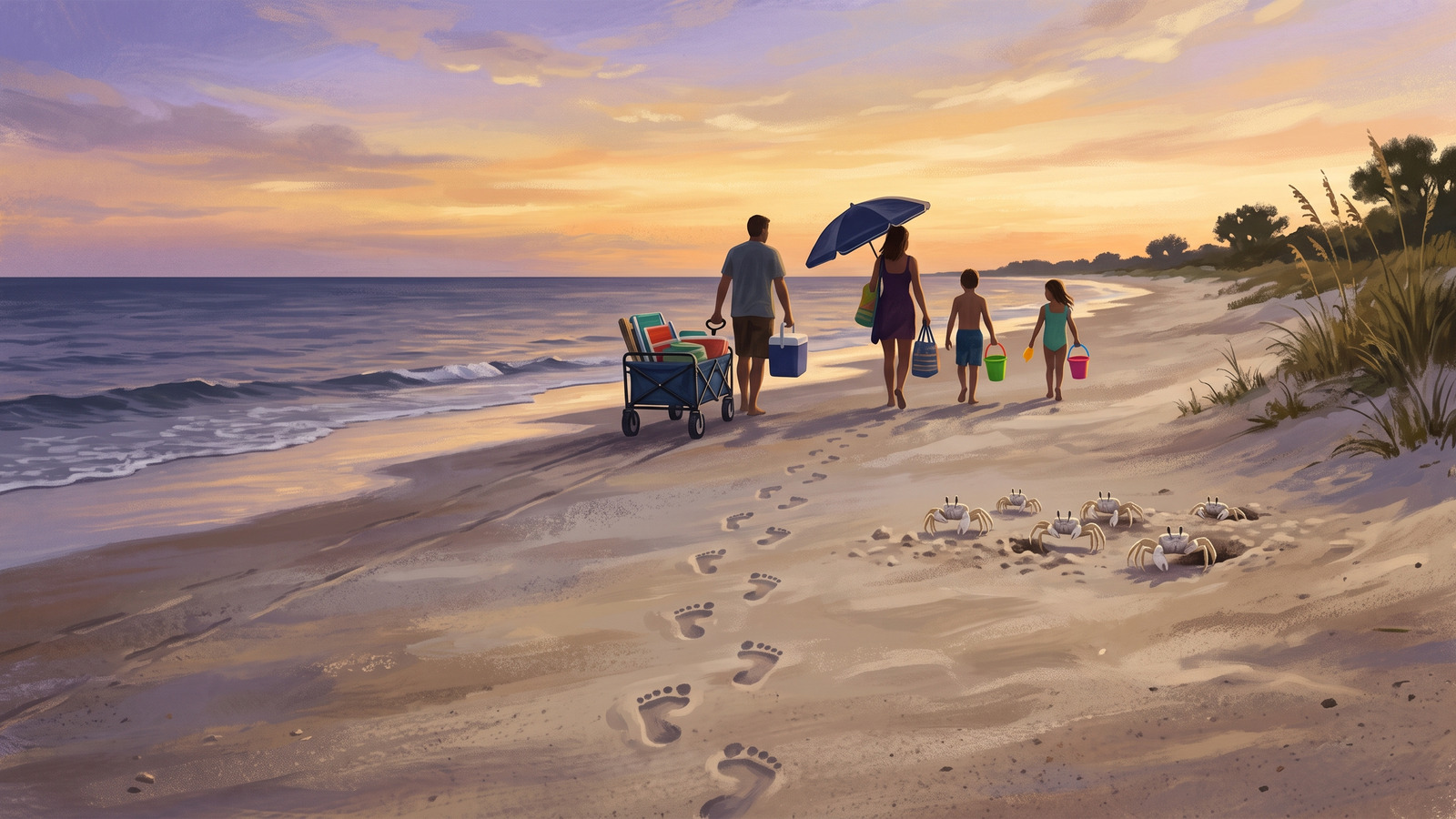 Vintage poster of a pristine beach at dusk with one line of family footprints and ghost crabs emerging as the family leaves with all their gear