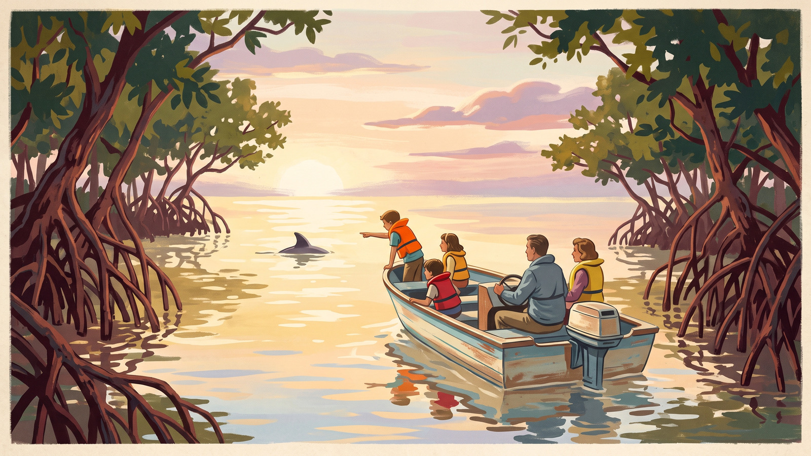 Vintage poster of a family in life jackets idling out of a mangrove channel at sunrise as a dolphin surfaces ahead