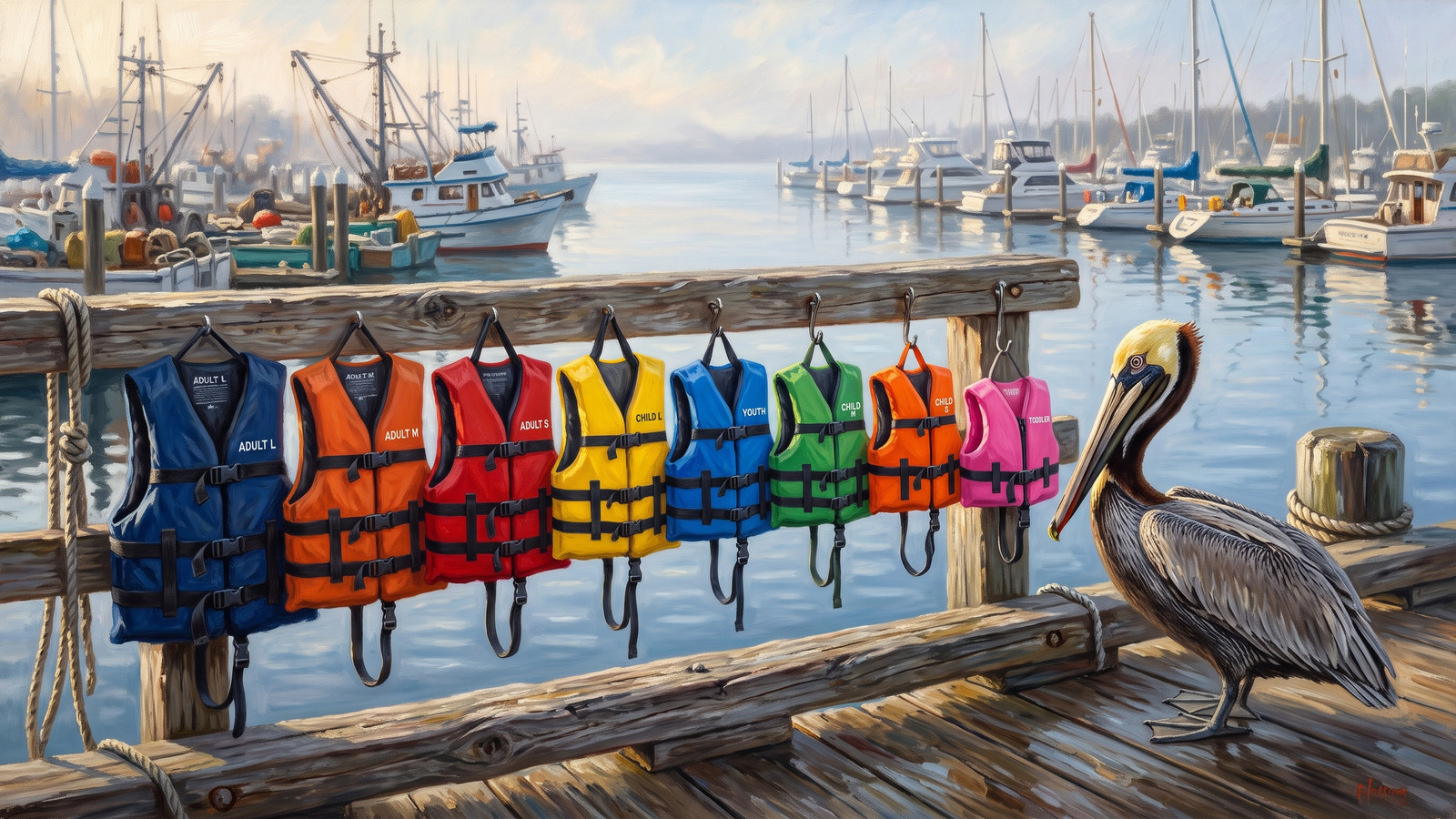 Painting of a row of family life jackets hung on a dock rail from adult size to toddler size while a pelican inspects them