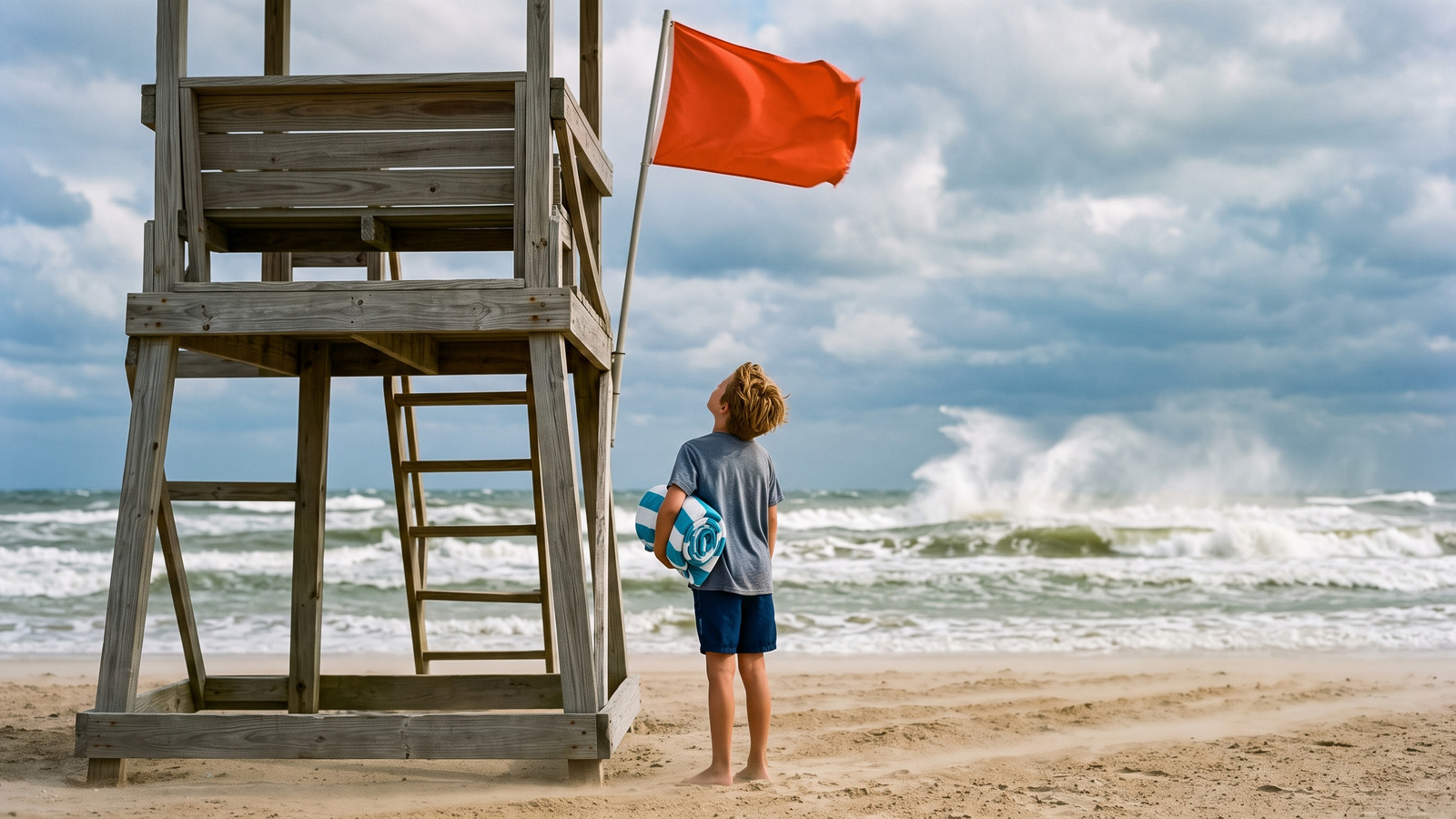 Photo of a child pausing to read the warning flag at a lifeguard tower before a rough surf day