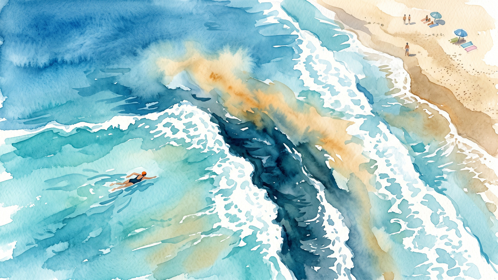 Aerial watercolor of a rip current showing as a dark calm gap in the surf line with a swimmer moving parallel to shore