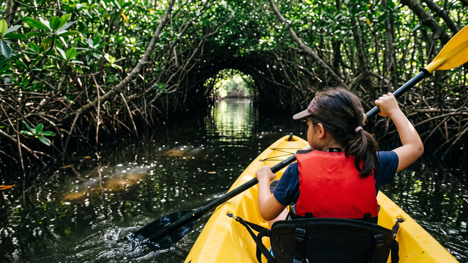 Photo from inside a kayak of a child paddling into a green mangrove tunnel at Weedon Island