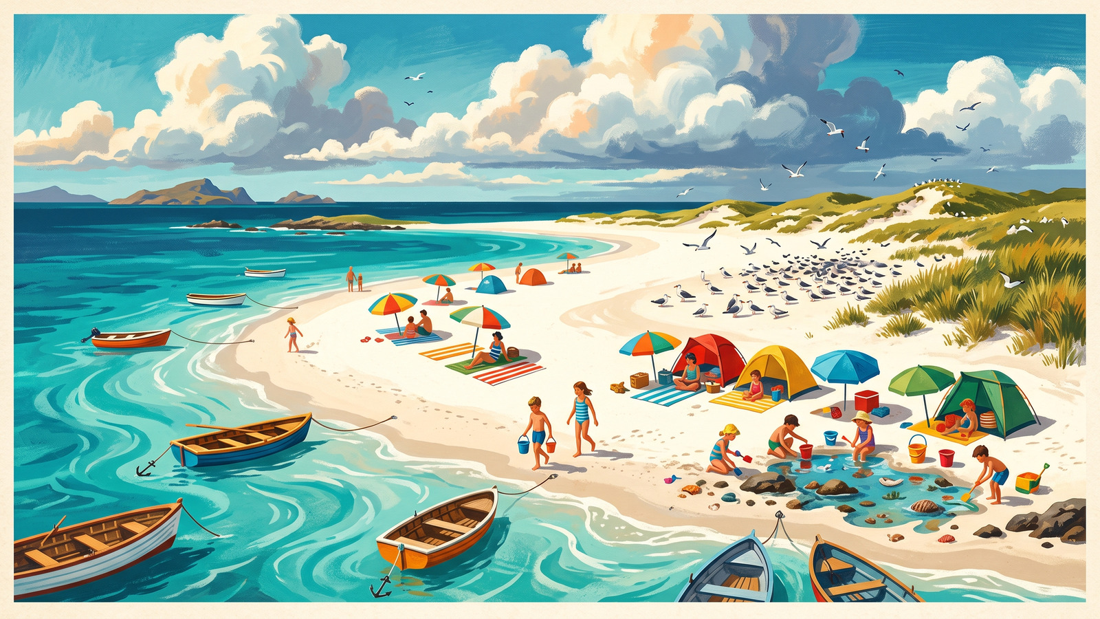 Vintage poster of a Shell Key sandbar day with anchored boats, umbrella camps, kids with buckets and an undisturbed bird end