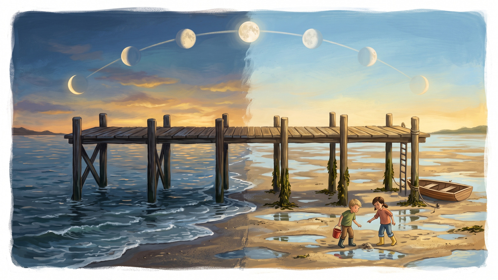 Painting of one dock shown at high tide and low tide at once with the moon arcing overhead running the change