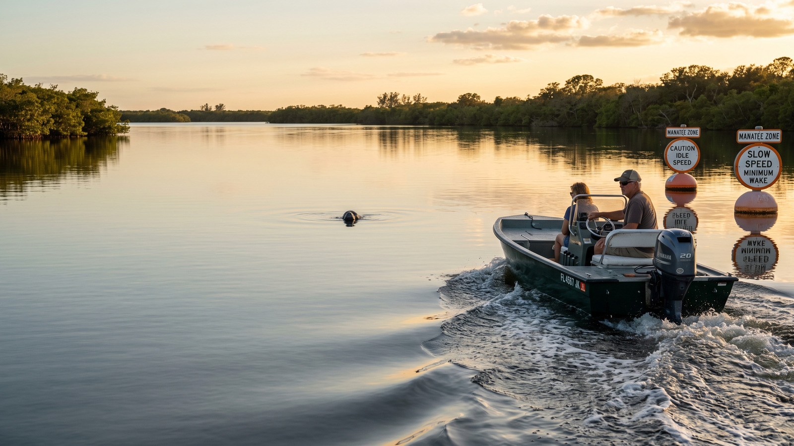 Photo style image of a boat slowing in a manatee zone as its wake flattens and a manatee snout surfaces ahead