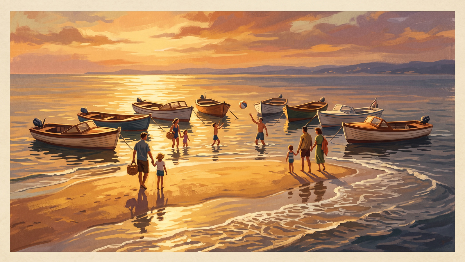 Vintage poster of families wading between anchored boats on a glowing sandbar at golden hour as the tide returns
