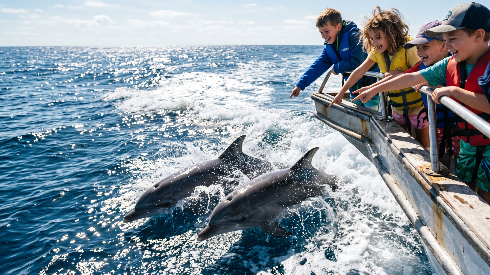 Photo of wild dolphins riding a tour boat bow wave while children watch from the rail above